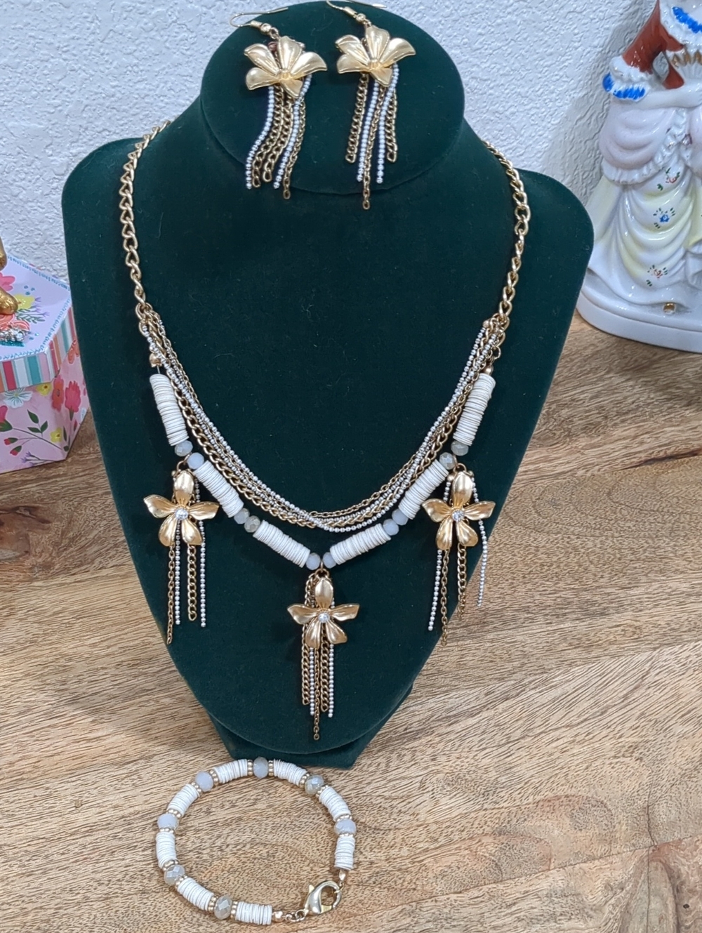 Gold Flower Fringe Statement Necklace Bundle
